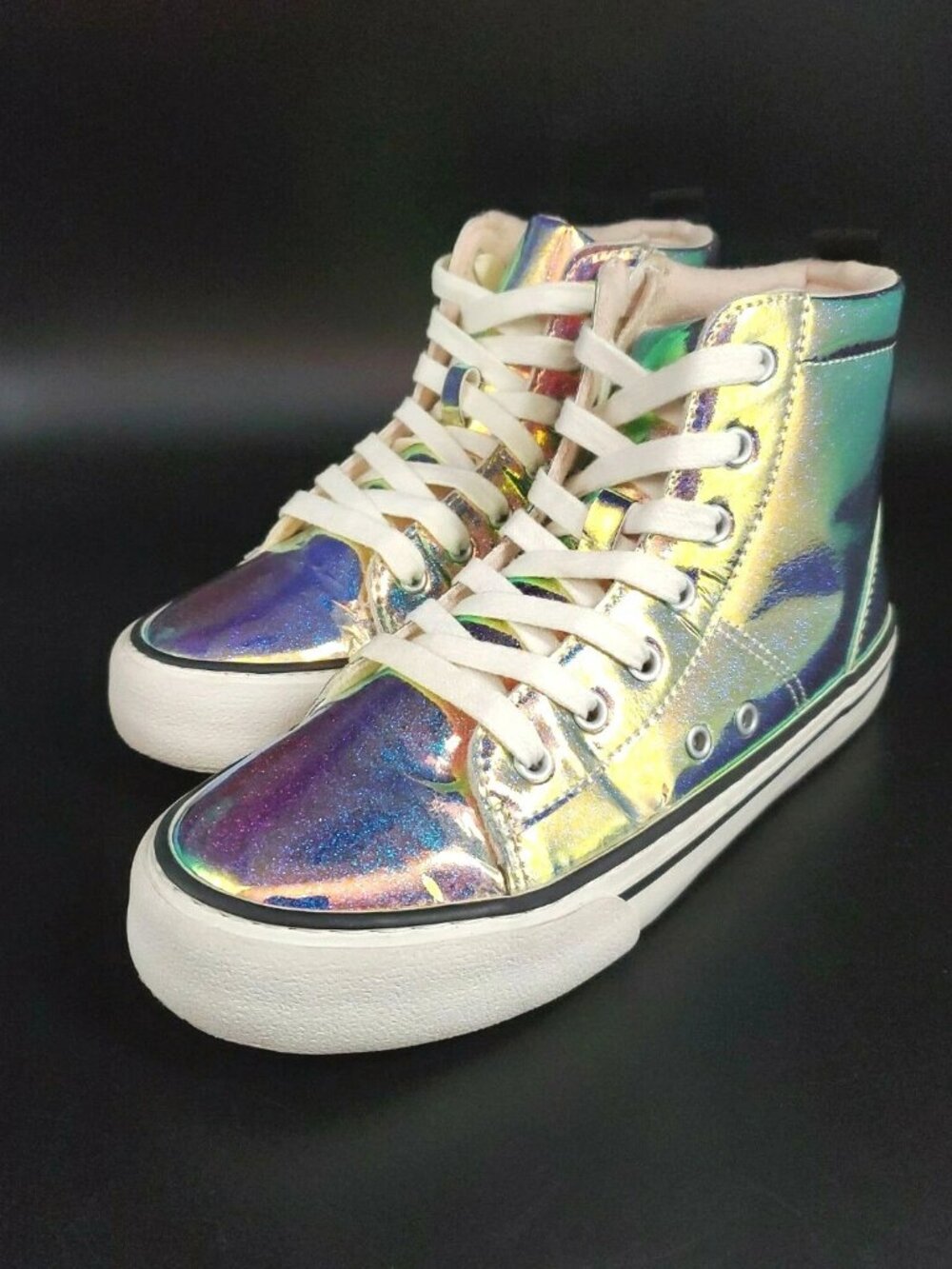 Zara Metallic Silver Iridescent Hi-Top Lace Up Sneakers Girl's Size US 3.5 EU 36